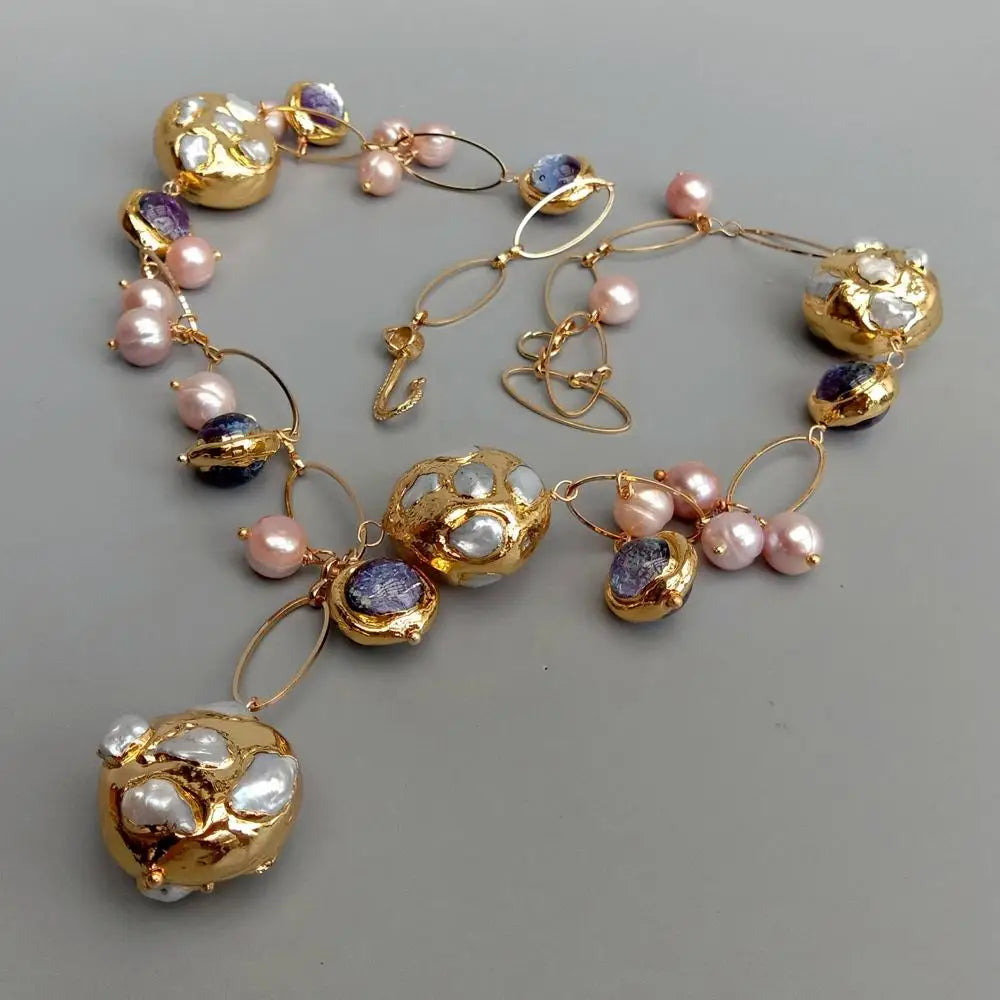 Natural Freshwater Pearl & Purple Murano Y-Drop Necklace