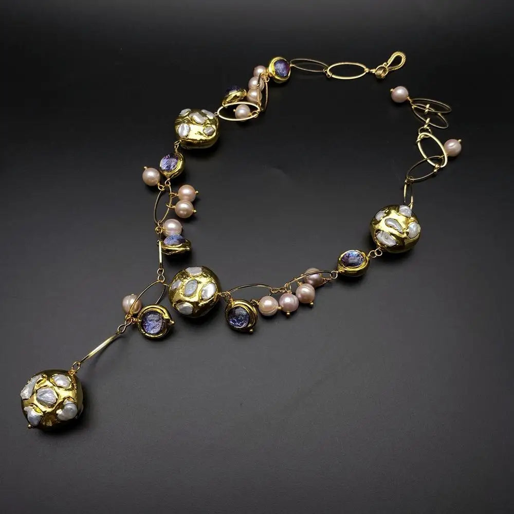 Natural Freshwater Pearl & Purple Murano Y-Drop Necklace