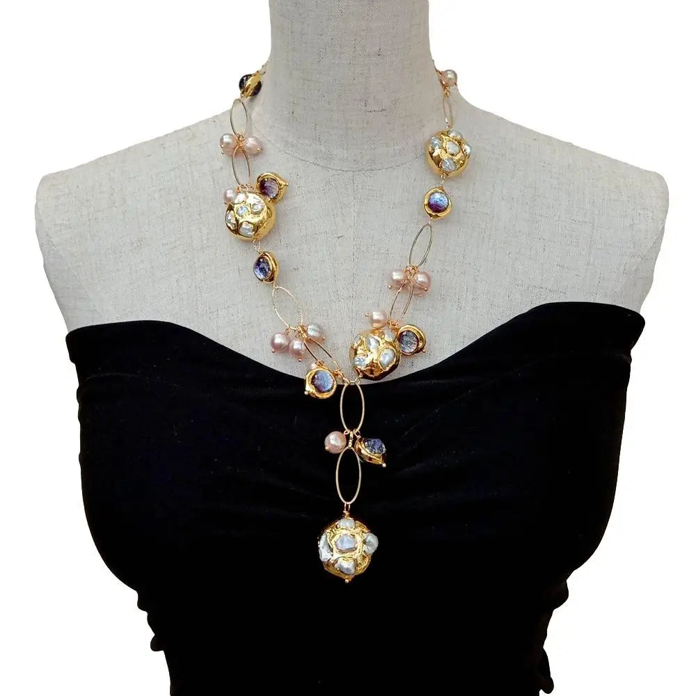 Natural Freshwater Pearl & Purple Murano Y-Drop Necklace
